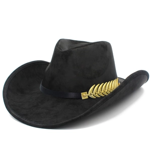 Vintage Western Cowboy Hat For Men Women Wide Brim Faux Suede PU Leather Fedora With Gold Feather Metal Charm Fashion Sun Hat