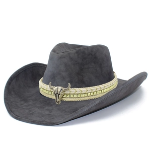 Classic dark grey Western cowboy hat with wide brim, silver bull skull, and gold studs