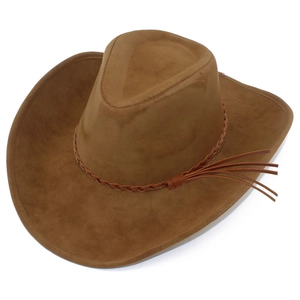 Detail of brown faux suede western cowboy hat with woven band and tassel accents