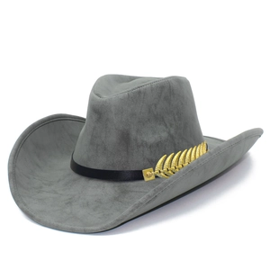 Classic gray faux suede Fedora hat with black ribbon and a gold feather metal accessory