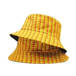 Close-up of funny corn pattern print on double-sided cotton bucket hat for outdoor sun protection