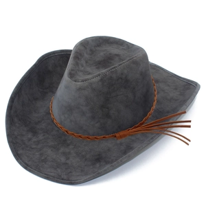 Detail of dark grey faux suede cowboy hat with braided brown leather strap and tassel trim