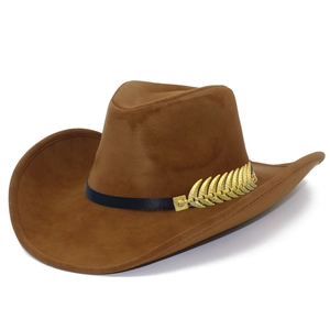 Classic brown PU leather jazz fedora hat with elegant golden feather metal buckle