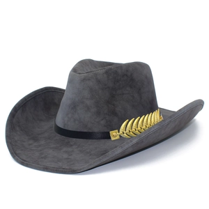 Classic grey faux suede cowboy hat with black band and gold feather metal buckle accent