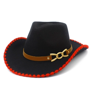 Western Cowboy Hat Vintage Wool Felt Fedora Wide Brim Hat With Leather Band Metal Chain For Women Men Fashion Sun Hat