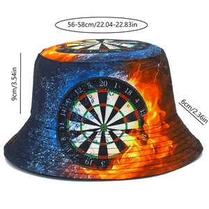 Detail view showing a dartboard pattern bucket hat with size labels: 56-58cm brim width