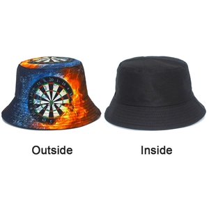Dual-sided bucket hat featuring target print on one side and plain black on the other