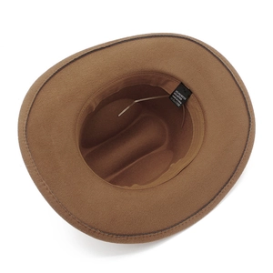 Detailed inner view of brown wool fedora hat showing internal lining and care label