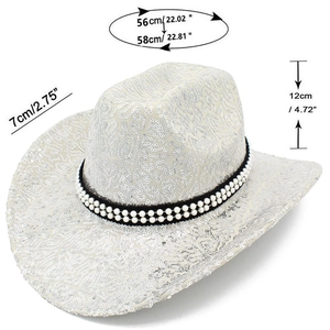 Detailansicht der Größe: Weißer Pailletten-Cowboyhut mit Perlenbesatz und Silberglitzer