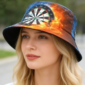 Outdoor bucket hat with creative dartboard flame print shown on a model in nature