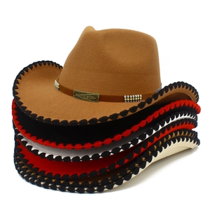 Stack of colorful felt cowboy hats featuring woven edges and Freemasonry metal buckles