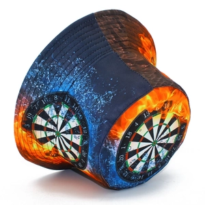 Detailed side view of the bucket hat featuring a vibrant dartboard and fire graphics