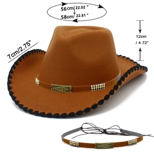Detail of a brown cowboy hat with woven band, vintage metal G buckle and size markings