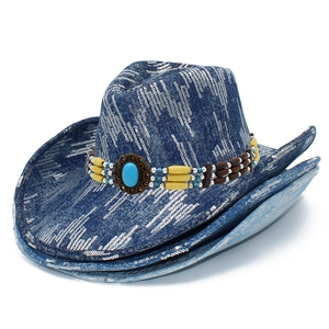 Cappello da cowboy blu con paillettes e perline etniche e pietra turchese per uomo e donna