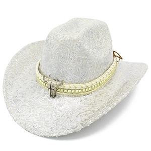 Cappello da Cowboy con Paillettes Western Decorazione Teschio di Mucca in Metallo per Uomo Donna Festa Performance Shiny Fedora Jazz Hat