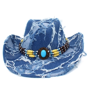 Cappello da cowboy vintage in denim blu con bordi sfrangiati e pietra turchese