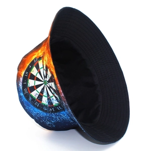 Detailed view of bucket hat featuring creative dartboard print with fire and water elements