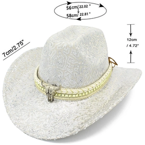 Specifiche delle dimensioni per cappello da cowboy bianco con paillettes e stemma di toro