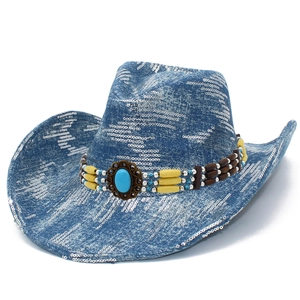 Cappello da Cowboy Occidentale in Denim Vintage Con Paillettes Argentate Fascia Con Perline Etniche E Turchese Sintetico Per Uomo Donna Festa