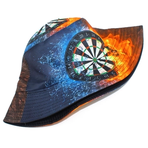 Detail of dartboard print fisherman hat with fire and water splash pattern on fabric