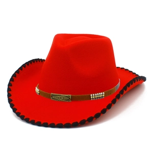 Red wool felt western cowboy hat with black braided trim and leather decorative belt