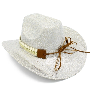Cappello da cowboy con paillettes argento e fascia intrecciata dorata per feste ed eventi
