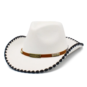 White wool western cowboy hat with black braided edges and vintage metal buckle band
