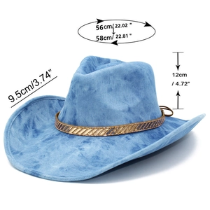 Blue tie-dye western cowboy hat featuring crystal-embellished band and size specifications