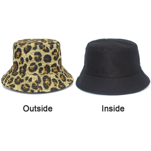 Detail showing reversible bucket hat with leopard print outside and solid black inside