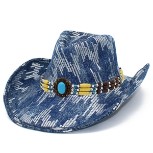 Cappello da cowboy in denim blu con paillettes, perline e pietra turchese ornamentale