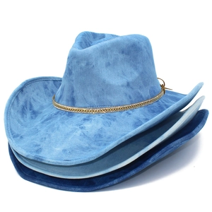 Classic Western denim cowboy hats set in three shades of blue with rhinestone chain detail