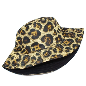 Reversible leopard print bucket hat with black inner lining and reinforced stitched brim