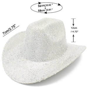 White sequin cowboy hat with measurements of brim width and crown height for party