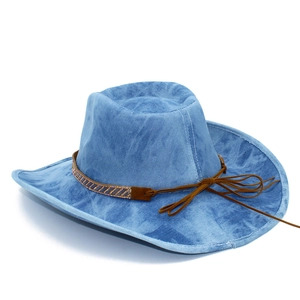 Western washed blue denim cowboy hat with brown suede band and rhinestone details