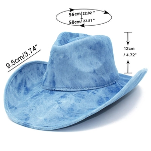 Tie-dye denim cowboy hat with dimensions showing 9.5cm brim and 12cm height