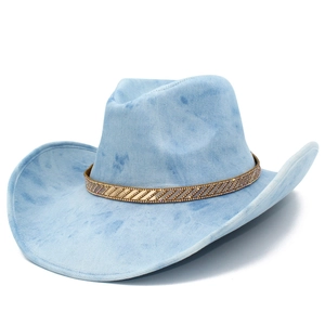 Light blue tie-dye western cowboy hat with sparkling gold rhinestone band decoration