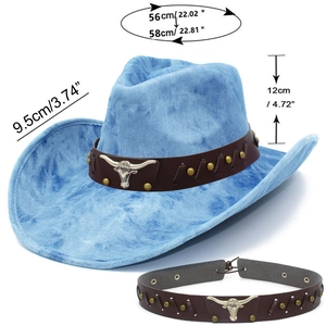 Detailansicht des blauen Batik-Cowboyhuts mit Bullenkopf-Nieten und Leder-Zierband