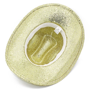 Detail of internal sweatband and wash label showing size 57 on gold sequin cowboy hat