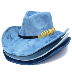 Three-tier stack of blue retro fedoras with leather band and gold feather detail