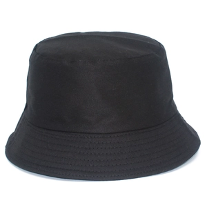 Close-up of black cotton bucket hat showing parallel stitching details on the brim