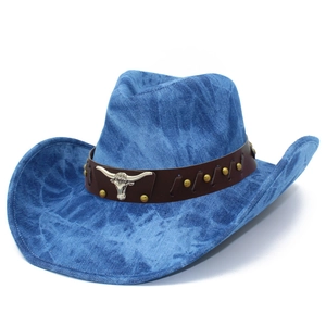 Vintage Western-Cowboyhut aus Denim mit Stierkopf-Emblem und Metallnieten-Verzierung