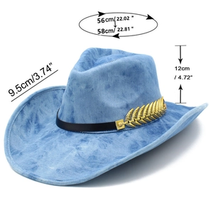 Size chart for vintage light blue denim wide brim hat with 56-58cm head circumference