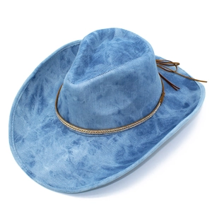 Detail of light blue washed denim cowboy hat with gold chain and brown leather drawstring