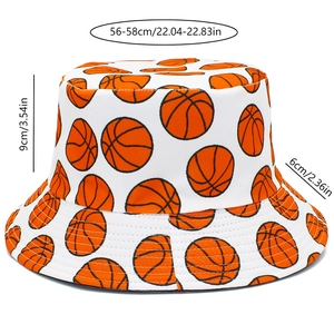 Detailed size chart of white bucket hat with basketball print showing 56-58cm circumference