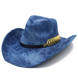 Vintage Washed Denim Cowboy Hat Wide Brim Western Style Gentleman Sun Hat With Metal Leaf For Men Women Travel
