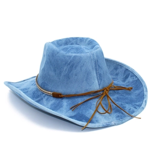 Classic light blue denim western cowboy hat with rhinestone chain and wide curved brim