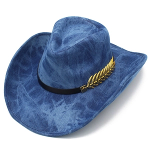 Classic blue stone washed denim cowboy hat with wide brim and gold leaf metal accessory
