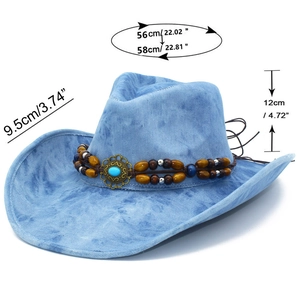 Detail of vintage western denim hat with turquoise beadwork and specific measurements