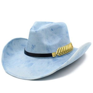 Washed light blue denim western cowboy hat with black leather band and golden leaf accent