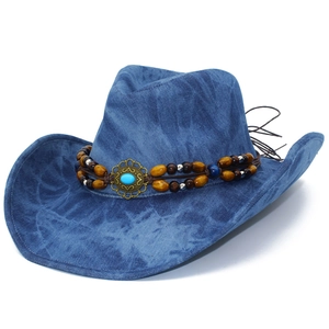 Vintage denim western cowboy hat with wide brim and turquoise beaded decorative band